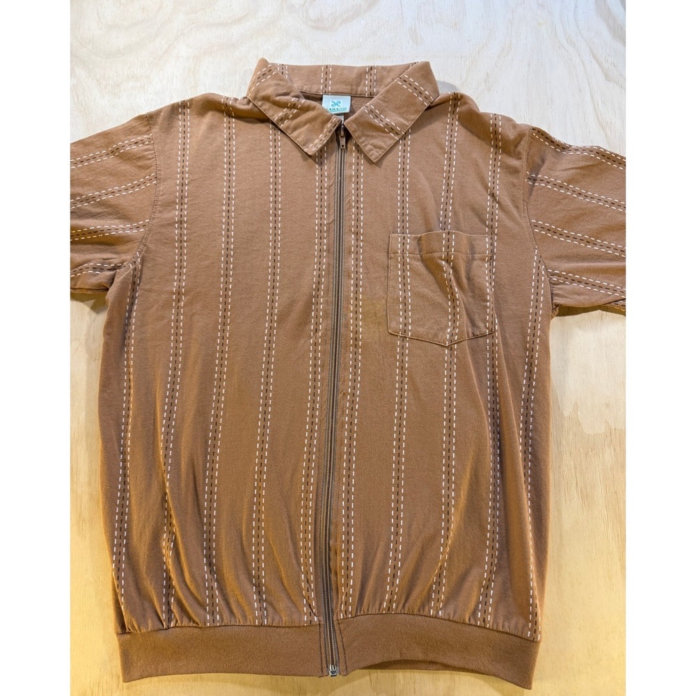 Haband Mens Brown Vertical Dashed Stripe Short Sleeve Full Zip Shirt Size M